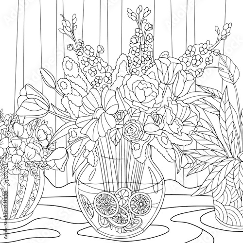 Beautiful flowerpots with bloom pion flowers, tulips, lilac at home interior. Coloring book page for adult with doodle and zentangle elements for meditation.