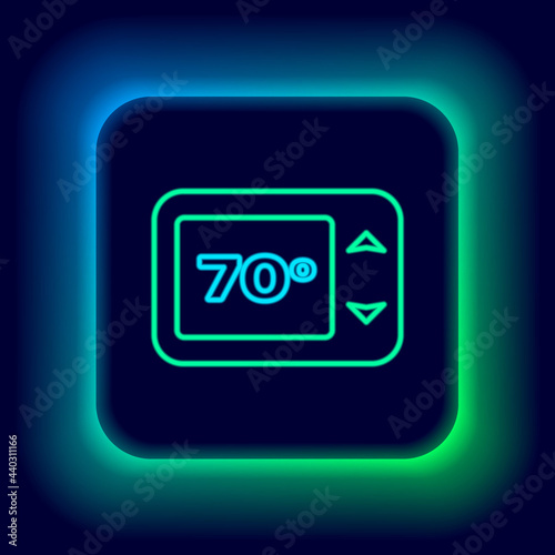 Glowing neon line Thermostat icon isolated on black background. Temperature control. Colorful outline concept. Vector