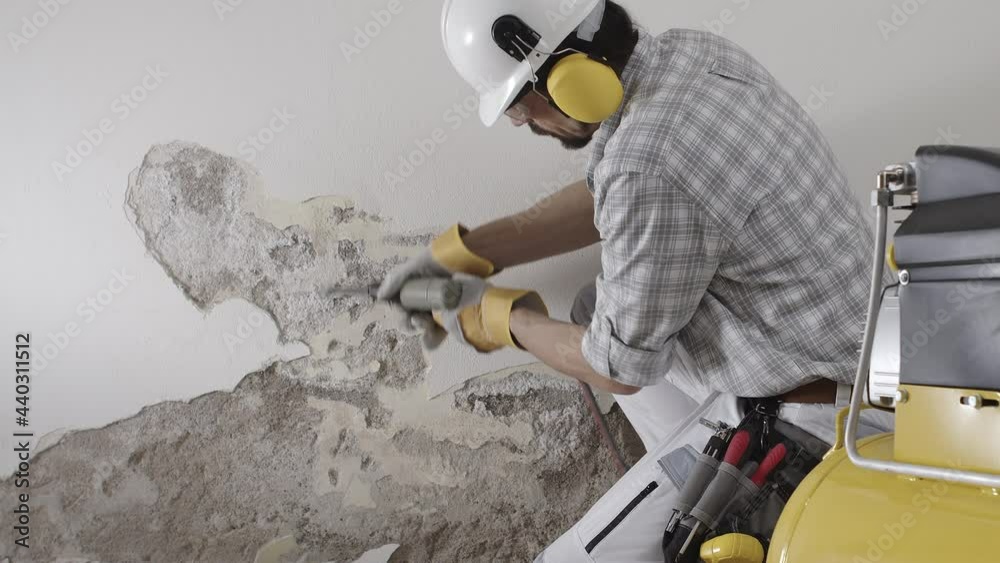 house renovation concept, construction worker wearing helmet at work breaks the old plaster of the wall with pneumatic air hammer chisel, with rubble and compressor on background