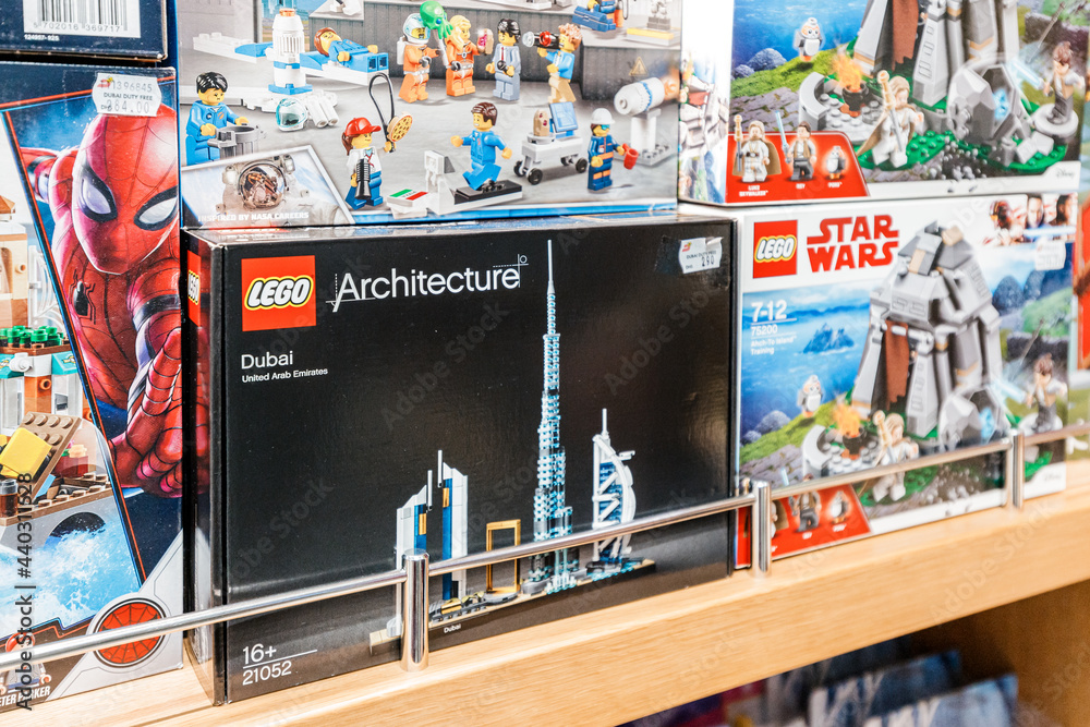 26 February 2021, Dubai, UAE Lego from the Architecture series with the sights of Dubai among