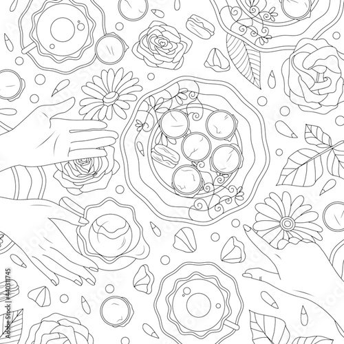 Top view girl tea party with sweets and flowers. Coloring book page for adult with doodle and zentangle elements. Vector hand drawn flat lay illustration.