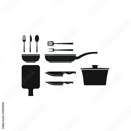Set of fork, knife, spoon. Cutlery Restaurant Icon Set. Food line icon. Cutlery sign. Logotype menu. Silhouette of cutlery. Vector illustration