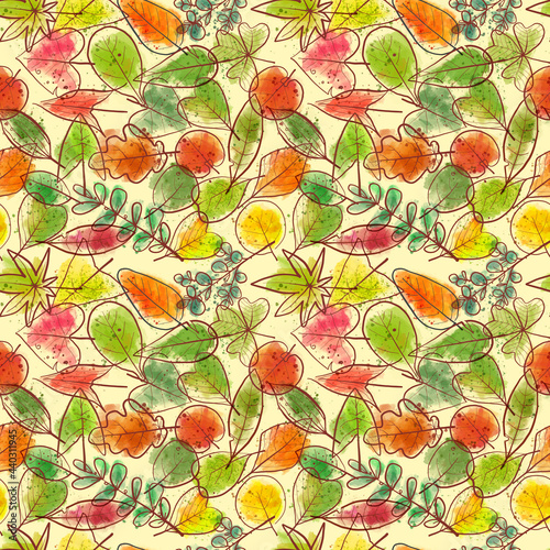 Seamless background with colored doodle green, yellow and red leaves. Can be used for wallpaper, pattern fills, textile, web page background, surface textures.
