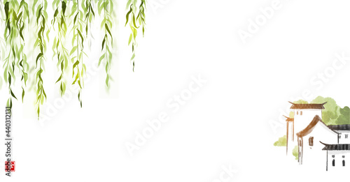 Landscape with traditional chinese village and willow leaves. Traditional oriental ink painting sumi-e, u-sin, go-hua. Hieroglyph - happiness.