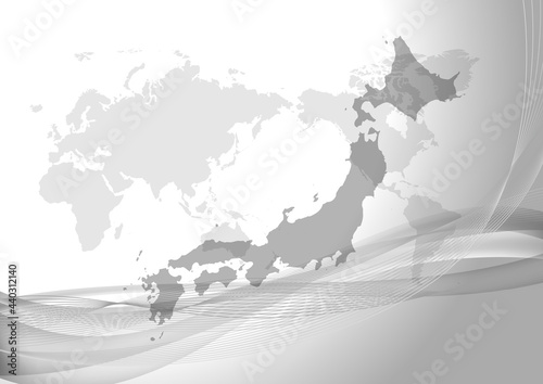 グレー色のデジタルネットワーク地球背景-日本中心