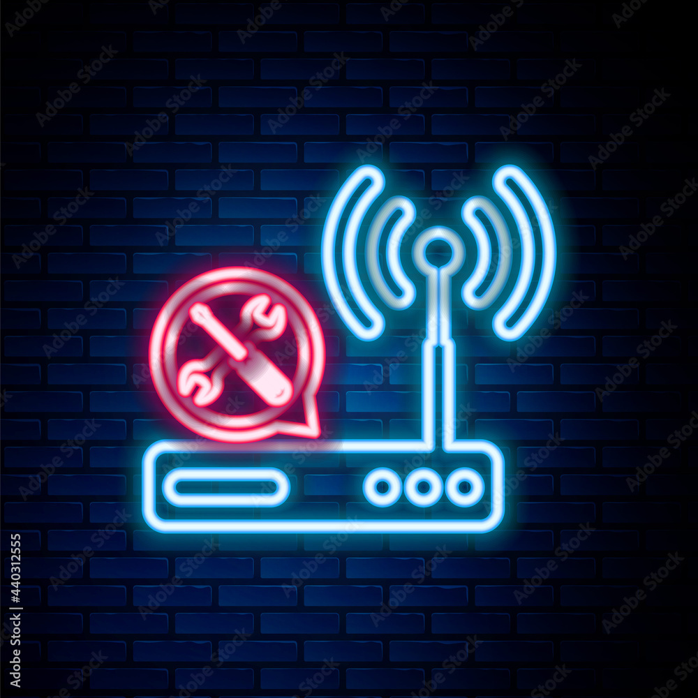 Glowing neon line Router wi-fi with screwdriver and wrench icon isolated on brick wall background. Adjusting, service, setting, maintenance, repair, fixing. Colorful outline concept. Vector Glowing neon line Router wi-fi with screwdriver and wrench icon isolated on brick wall background. Adjusting, service, setting, maintenance, repair, fixing. Colorful outline concept. Vector