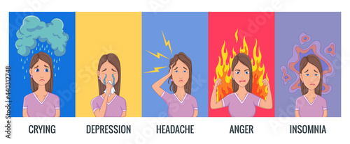 Women stress symptoms. Emotional or mental health problems, stress - hysterics insomnia headache depression, anger