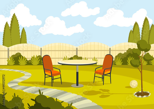 Patio area with cartoon table and chairs. Sunny courtyard area with green grass. Outdoor cartoon backyard background vector illustration