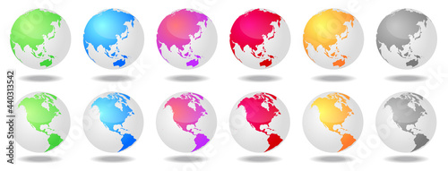 カラフルな日本とアメリカ中心の地球白背景セット