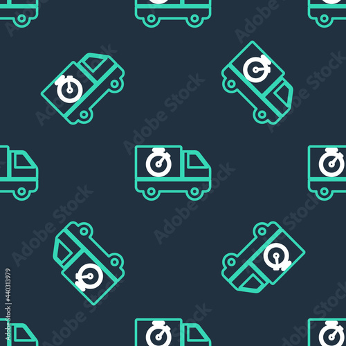 Line Logistics delivery truck and stopwatch icon isolated seamless pattern on black background. Delivery time icon. Vector