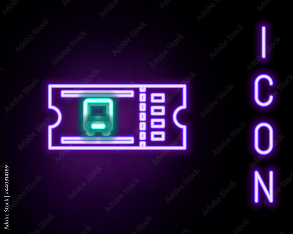 Glowing neon line Bus ticket icon isolated on black background. Public transport ticket. Colorful outline concept. Vector Glowing neon line Bus ticket icon isolated on black background. Public transport ticket. Colorful outline concept. Vector