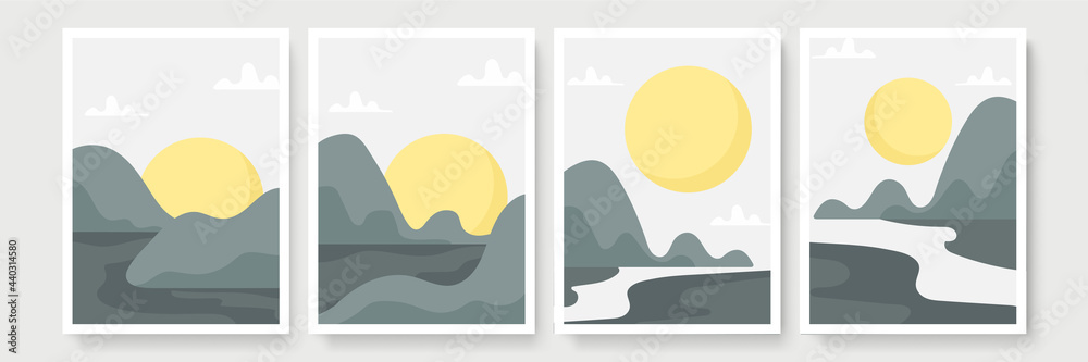 Set of creative minimalist modern line art print. Abstract mountain contemporary aesthetic backgrounds landscapes with planet, mountain, forest, sea, skyline, wave. vector illustrations