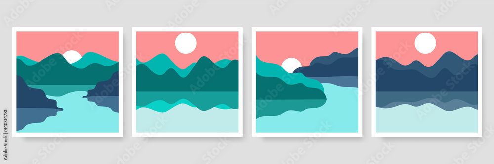 Set of three Abstract Aesthetic mid century modern landscape Contemporary boho poster cover template. Minimal and natural Illustrations for art print, postcard, wallpaper, wall art.
