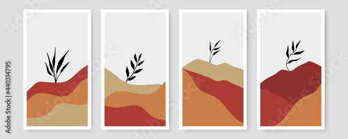 Modern minimalist abstract aesthetic illustrations. Bohemian style wall decor. Collection of contemporary artistic posters with landscape art.
