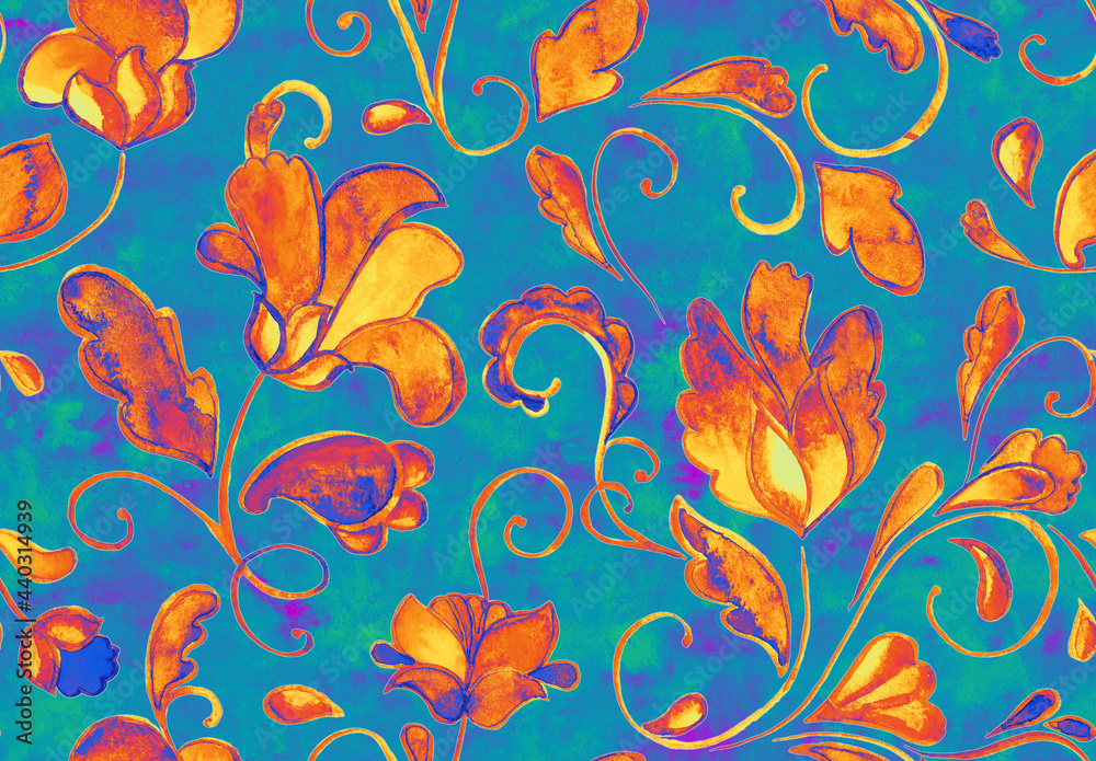 Watercolor hand painted paisley seamless pattern. Whimsical flowers, leaves, brunches, paisley. Oriental illustration. Islam, arabic, indian, spain, turkish, pakistan, ottoman motif. Water color print Watercolor hand painted paisley seamless pattern. Whimsical flowers, leaves, brunches, paisley. Oriental illustration. Islam, arabic, indian, spain, turkish, pakistan, ottoman motif. Water color print