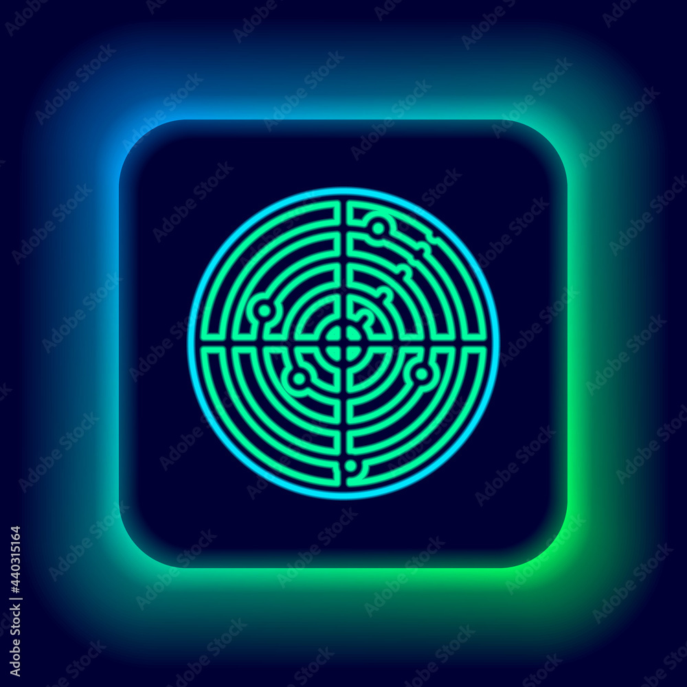 Glowing neon line Radar with targets on monitor in searching icon isolated on black background. Military search system. Navy sonar. Colorful outline concept. Vector Glowing neon line Radar with targets on monitor in searching icon isolated on black background. Military search system. Navy sonar. Colorful outline concept. Vector