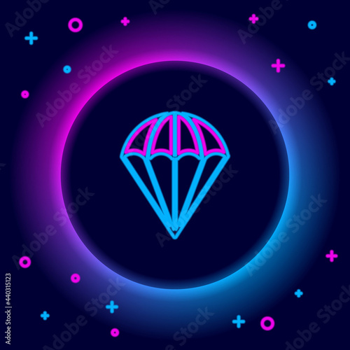 Glowing neon line Parachute icon isolated on black background. Colorful outline concept. Vector