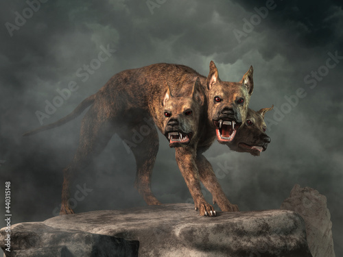 Cerberus, the hound of Hades, from Greek mythology is the guardian to the entrance to the underworld. The legendary three headed monster dog of myth and fantasy is a fearsome creature. 3D Rendering photo