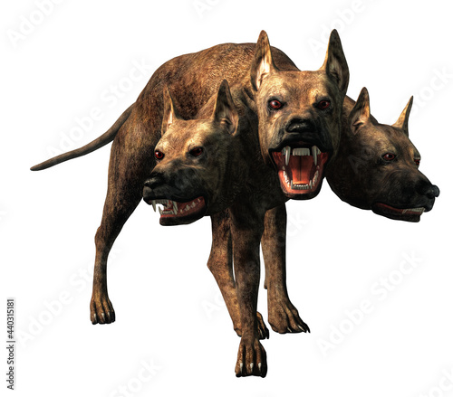 Cerberus, the hound of Hades, from Greek mythology is the guardian to the entrance to the underworld. The legendary three headed monster dog of myth and fantasy is a fearsome creature. 3D Rendering
