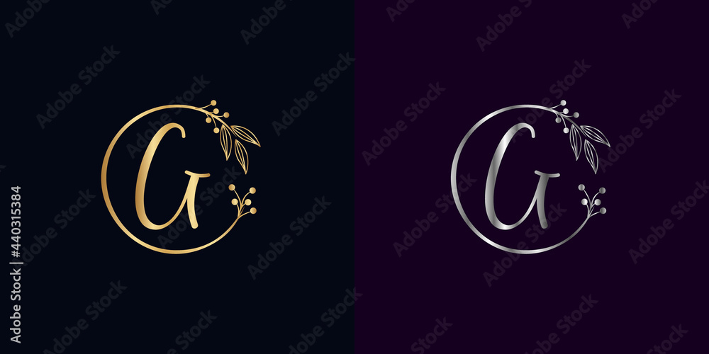 set of luxury golden and silver signature letter G isolated circle with leaves ahead. vector monogram for personal signature, cosmetic, restaurant, boutique, hotel , nature logo concept vector set of luxury golden and silver signature letter G isolated circle with leaves ahead. vector monogram for personal signature, cosmetic, restaurant, boutique, hotel , nature logo concept vector