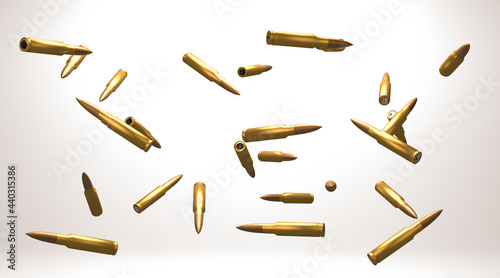 3D rendering, Close up military bullets falling in the air, white and shadow background.