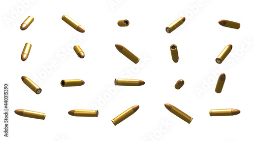 Konstfotografi 3D rendering, Close up pistol bullets set with different side, isolated on white background