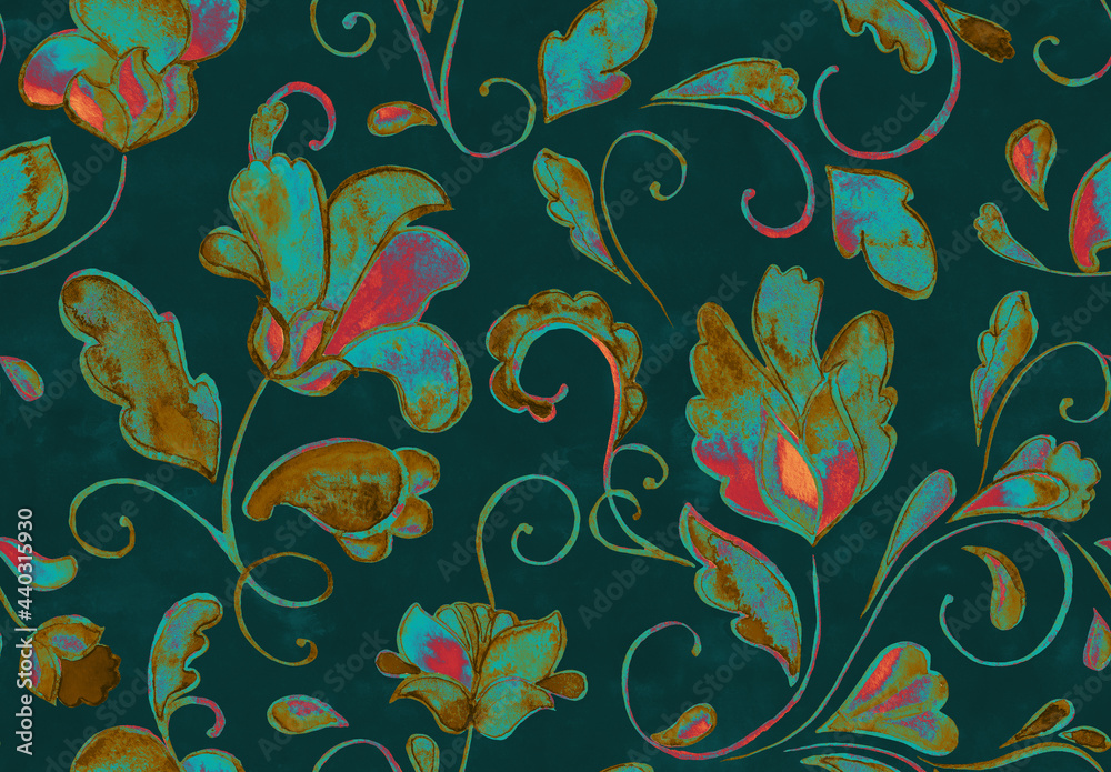 Watercolor hand painted paisley seamless pattern. Whimsical flowers, leaves, brunches, paisley. Oriental illustration. Islam, arabic, indian, spain, turkish, pakistan, ottoman motif. Water color print Watercolor hand painted paisley seamless pattern. Whimsical flowers, leaves, brunches, paisley. Oriental illustration. Islam, arabic, indian, spain, turkish, pakistan, ottoman motif. Water color print