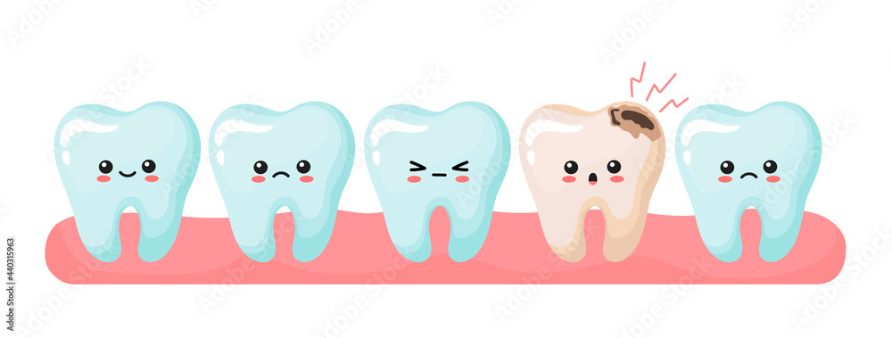 healthy and sick teeth in the gum. cute kawaii teeth. vector illustration in cartoon style.