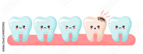 Fototapeta Naklejka Na Ścianę i Meble -  healthy and sick teeth in the gum. cute kawaii teeth. vector illustration in cartoon style.