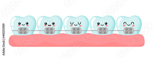 installing braces on the teeth. cute kawaii teeth. vector illustration in cartoon style.