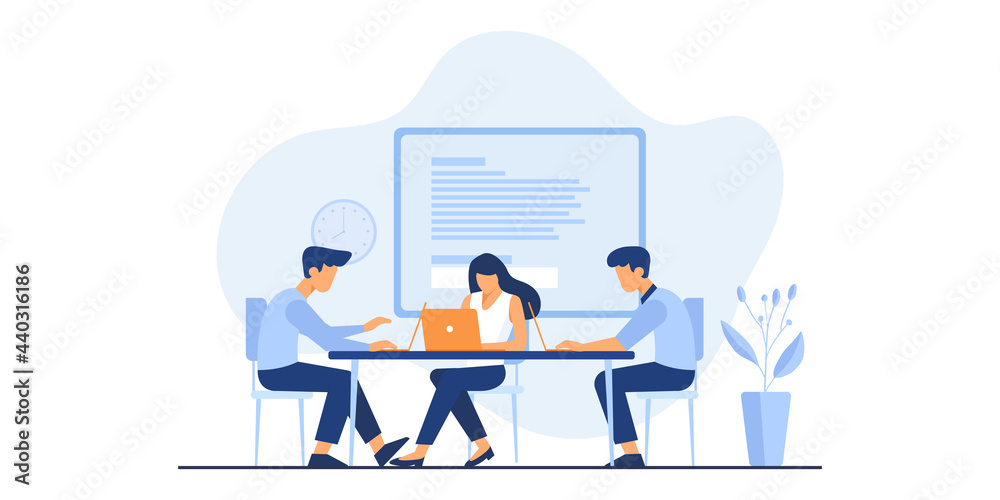 Fototapeta premium Flat vector business technology cloud computing service concept and with developer team working concept. Flat office worker with marketing, collaboration, finance, and IT meeting using laptop