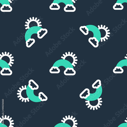 Line Rainbow with clouds and sun icon isolated seamless pattern on black background. Vector
