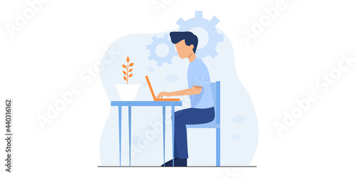 Flat vector business technology cloud computing service concept and with developer team working concept. Flat office worker with marketing, collaboration, finance, and IT meeting using laptop