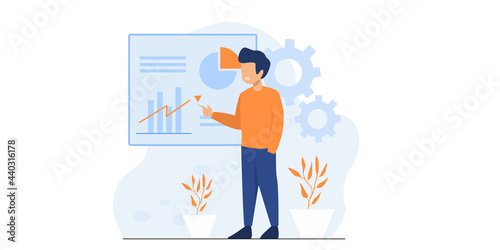 Flat vector business technology cloud computing service concept and with developer team working concept. Flat office worker with marketing, collaboration, finance, and IT meeting using laptop