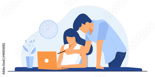 Flat vector business technology cloud computing service concept and with developer team working concept. Flat office worker with marketing, collaboration, finance, and IT meeting using laptop