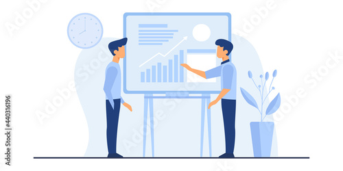 Flat vector business technology cloud computing service concept and with developer team working concept. Flat office worker with marketing, collaboration, finance, and IT meeting using laptop