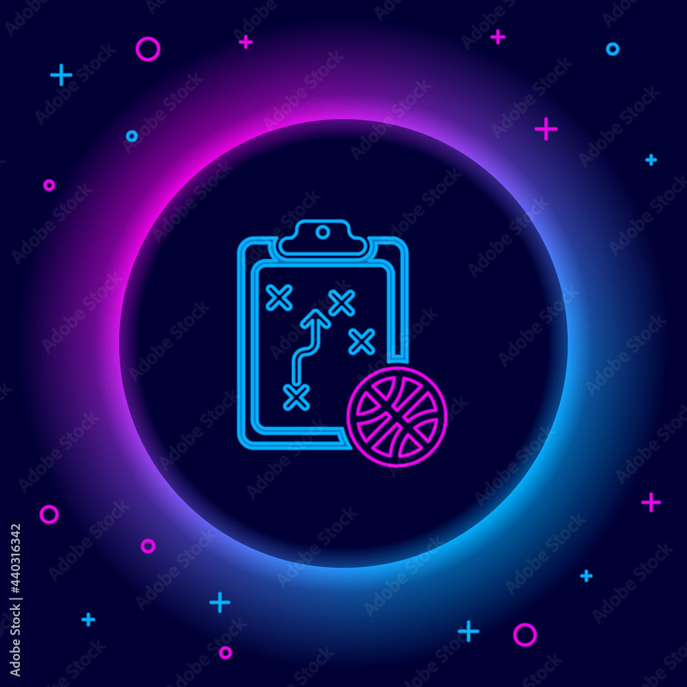 Glowing neon line Basketball over sports winner podium icon isolated on black background. Colorful outline concept. Vector