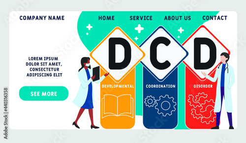 Vector website design template . DCD - Developmental Coordination Disorder acronym. medical concept. illustration for website banner, marketing materials, business presentation, online advertising.