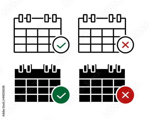 Calender with check mark icon and cross sign. Schedule approved or canceled. Illustration vector