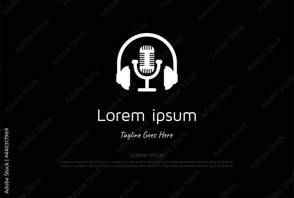 Simple Mic or Microphone Headphones Waveform Sound Wave for Podcast Radio Recording Logo Design Vector