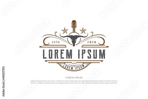 Western Country Guitar with Longhorn Skull Logo Design Vector