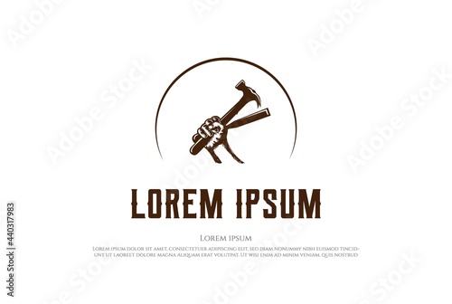 Hipster Rustic Han hold Hammer and Chisel for Carpentry Woodworking Logo Design Vector