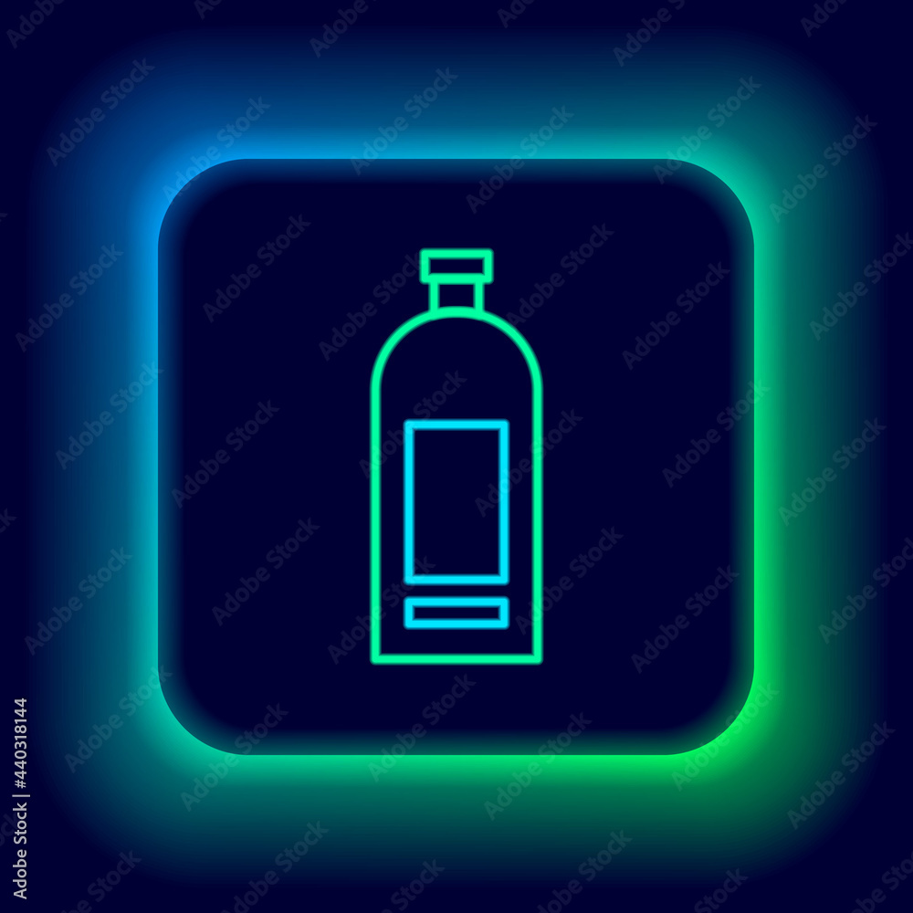 Glowing neon line Bottle of shampoo icon isolated on black background. Colorful outline concept. Vector