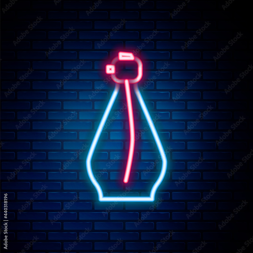 Glowing neon line Perfume icon isolated on brick wall background. Colorful outline concept. Vector Glowing neon line Perfume icon isolated on brick wall background. Colorful outline concept. Vector