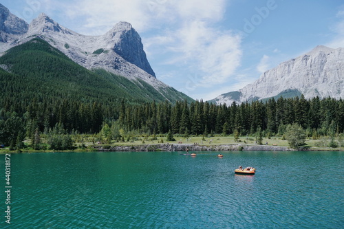 Raft with view of lake and mountains in Canada