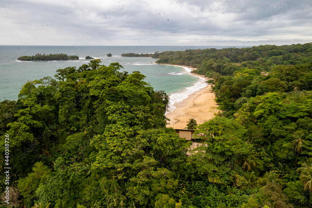 Tropical Island Aerial View. Wild coastline lush exotic green jungle. Red Frog Beach in Bastimentos Island, Bocas del Toro, Central America, Panama.