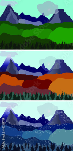 Fototapeta Naklejka Na Ścianę i Meble -  Season set of mountains landscape. Morning wood panorama, pine trees and mountains silhouettes. Vector forest hiking background. Flat design