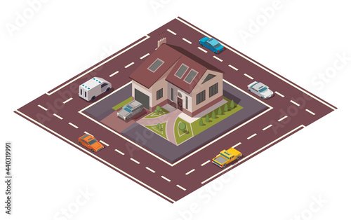 Isometric cottage. Building of private real estate for infographics or game design. Home with road and cars around it. Infographic element representing suburban building