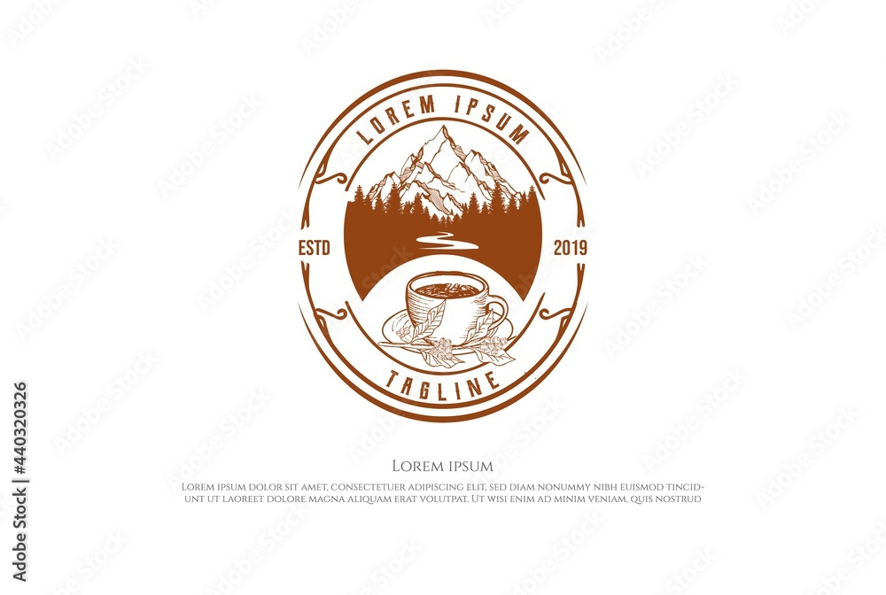 Fototapeta premium Old Hipster Mountain Pine Forest with River Creek and Coffee Cup Badge Emblem Label Logo Design Vector