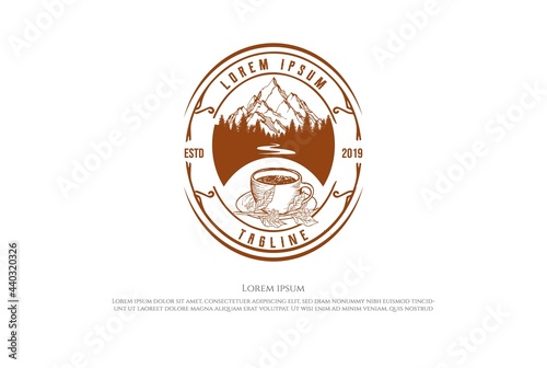 Old Hipster Mountain Pine Forest with River Creek and Coffee Cup Badge Emblem Label Logo Design Vector